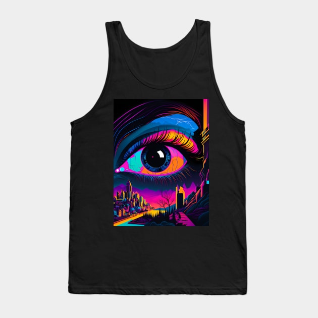 All Seeing Eye - Psychedelic Eye over a Colorful Cityscape Tank Top by Hermetic Hypersystems